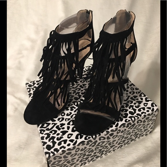 Anne Michelle Shoes - Black Fringe Heels